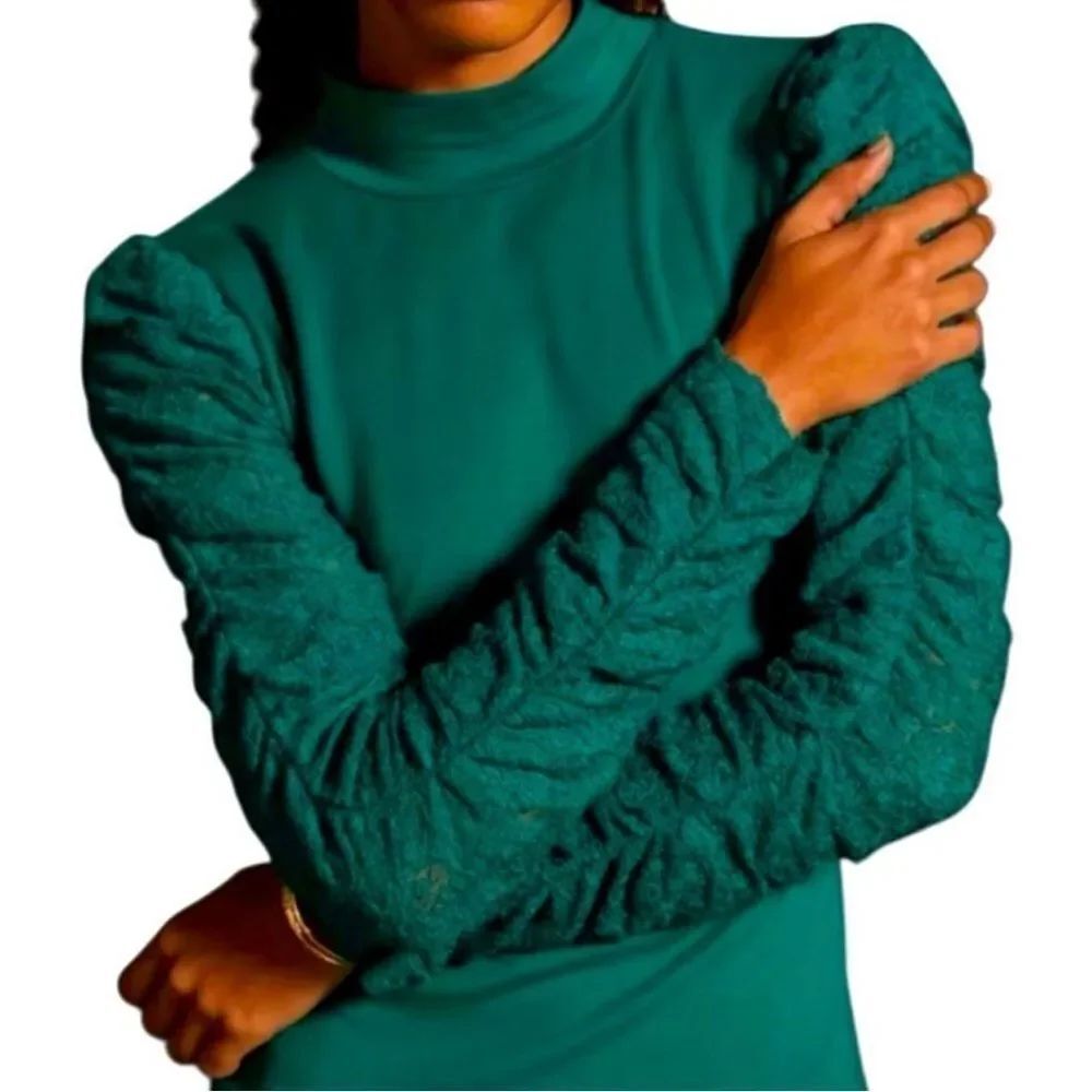 Maeve by Anthropologie Green Lace Ruched Rayon Mock Neck Top Long Sleeve Small